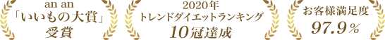 an an「いいもの大賞」受賞、2020年トレンドダイエットランキング10冠達成、お客様満足度97.9%